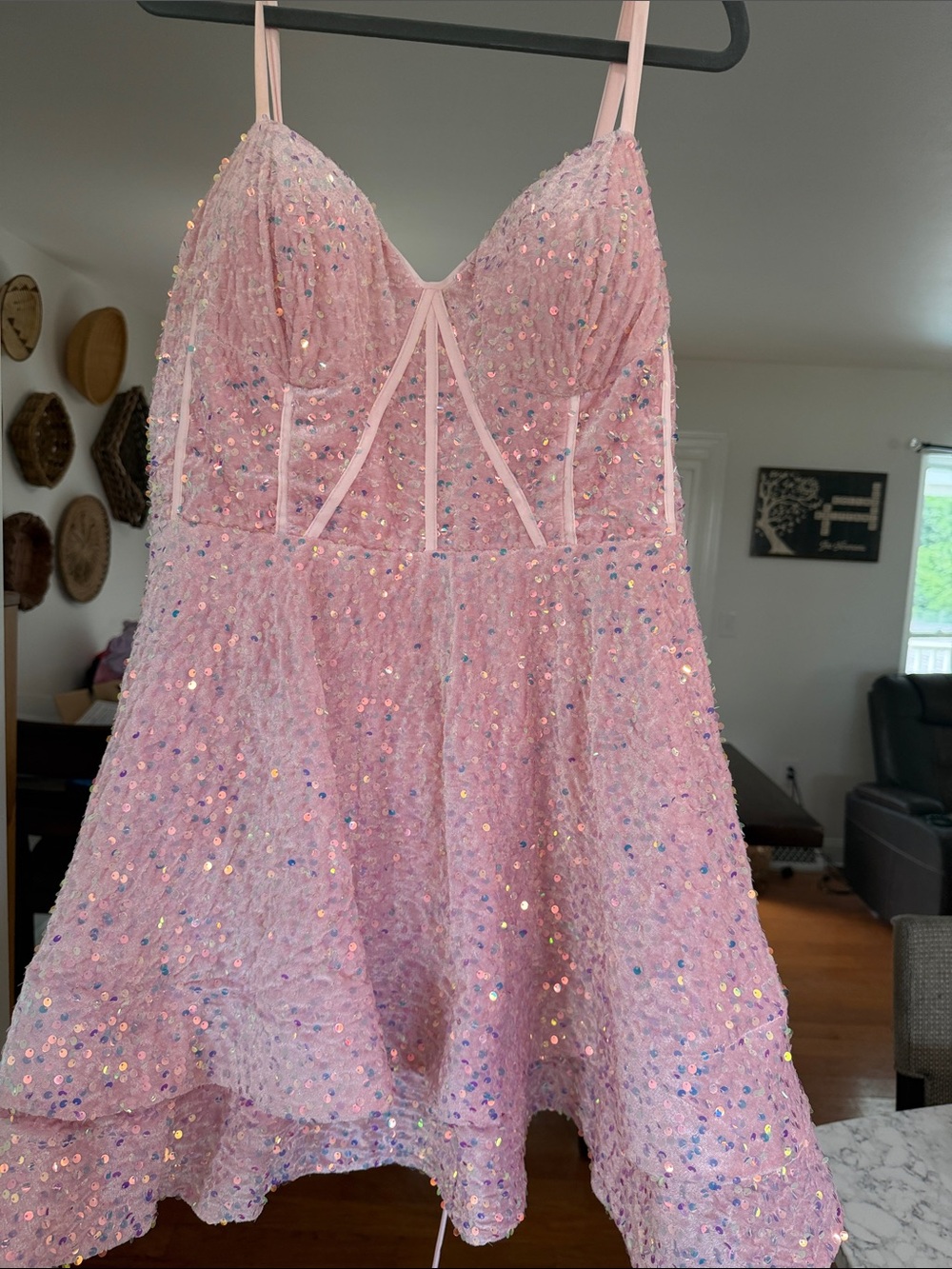Pink Sequin A-Line Spaghetti Strap Mini Dress
